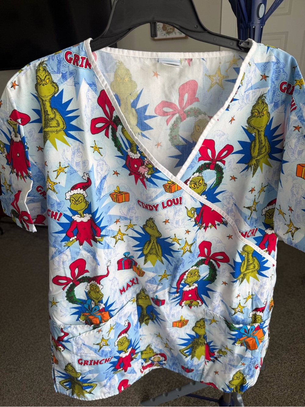 Grinch Holiday Print Light Blue Short Sleeve Scrub Top